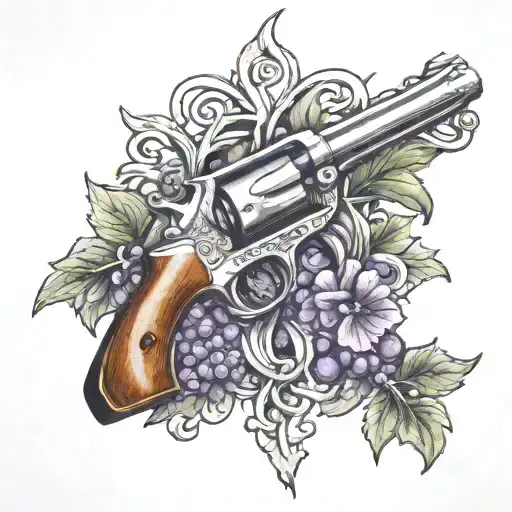 Grape vine wrapping a cattlemen  revolver with knot work  tattoo design idea