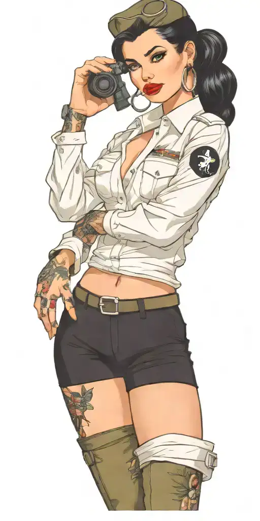 Pinup girl in army uniform,black hair, and full sleeve tattos holding grenades tattoo design idea