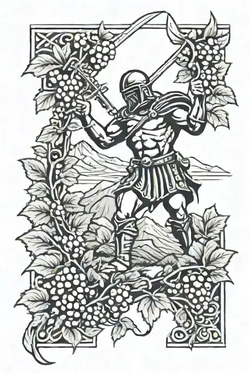 Mountians with spartan holding sword going into grape vines  tattoo design idea