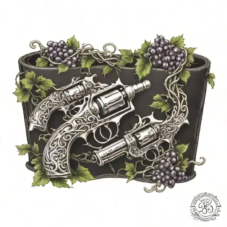 Grape vine wrapping with knot work around crossed revolvers tattoo design idea