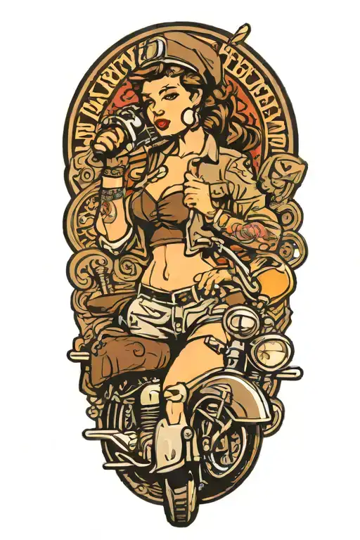 pin up girl with brown with a grenade pin in her mouth on a harley davidson tattoo design idea