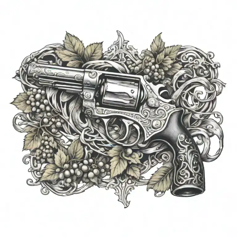 Grape vine wrapping a revolver with knot work  tattoo design idea
