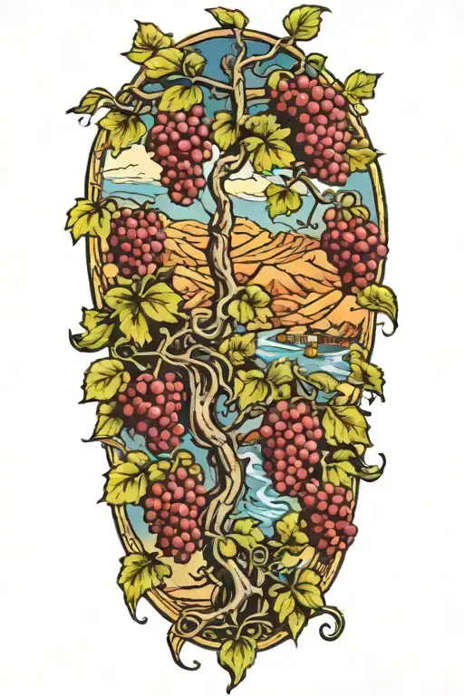 Grapevines growing down mountian landscape with vartan tattoo design idea