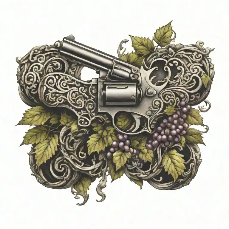 Grape vine wrapping a cattlemen  revolver with knot work  tattoo design idea