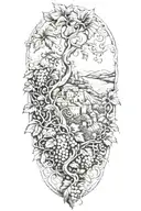 Grapevines with no grapes growing down mountian landscape with knights of vartan tattoo design idea