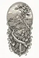 Grapevines with no grapes growing down mountian landscape with knights of vartan tattoo design idea