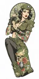 Pinup girl in army uniform,black hair, and full sleeve tattos holding grenades tattoo design idea