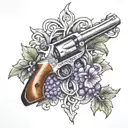 Grape vine wrapping a cattlemen  revolver with knot work  tattoo design idea