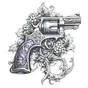 Grape vine wrapping a cattlemen  revolver with knot work  tattoo design idea