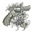 Grape vine wrapping a cattlemen  revolver with knot work  tattoo design idea