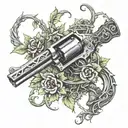 Grape vine wrapping a cattlemen  revolver with knot work  tattoo design idea
