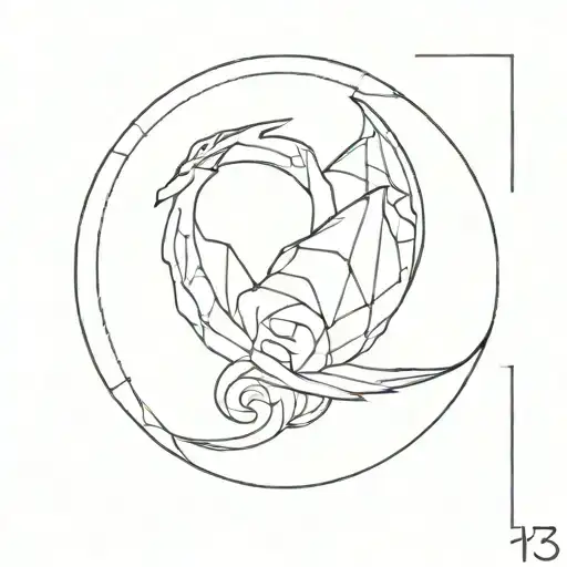 A geometric minimalist design of a dragon circling around the number 13 tattoo design idea