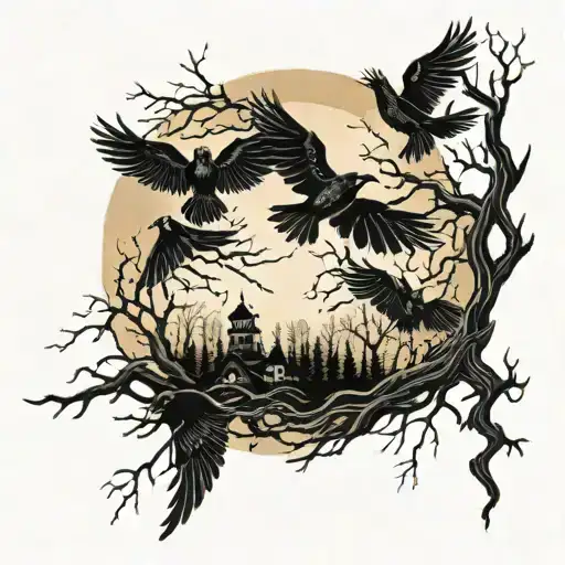 Flying Crows with holy crosses a forest and sun rising tattoo design idea