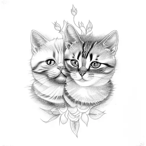 two cats, one of them black and white playing in the sunflowers tattoo design idea
