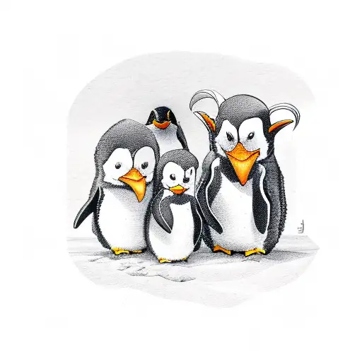 daddy penguin with 3 baby penguins tattoo design idea