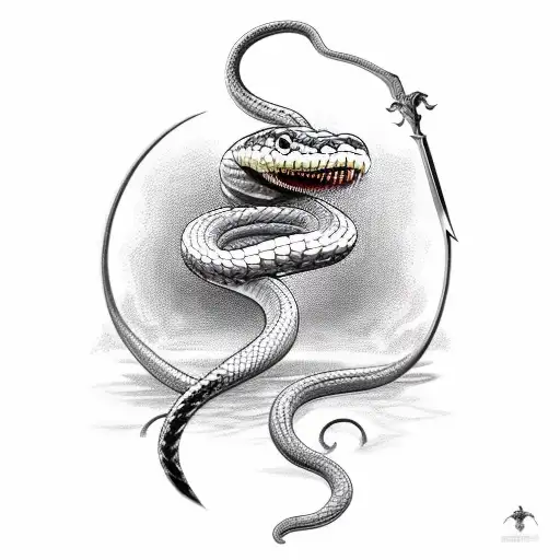 A snake coming out of a skull climbing a sword made with roses tattoo design idea