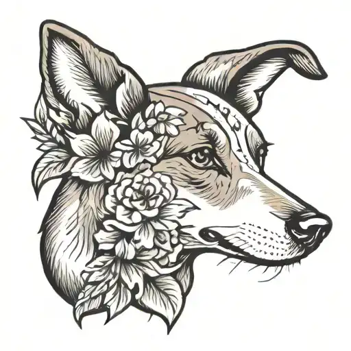 An American Traditional style tattoo featuring a dogs head, with flowers tattoo design idea