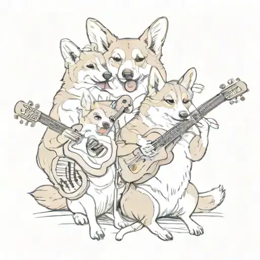 A family of corgis playing musical instruments together tattoo design idea