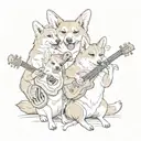 A family of corgis playing musical instruments together tattoo design idea