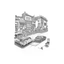 A street scene with drug references hidden in the background tattoo design idea