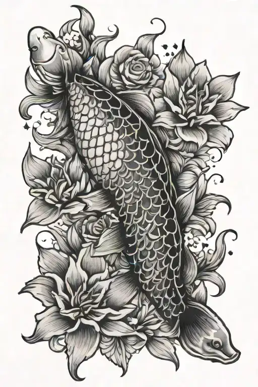 koi fish with stars on the back swimming in flowers tattoo design idea