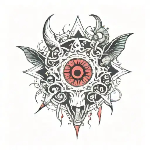 psychedelic tattoo with demonic creatures, blood eyes and dead animals tattoo design idea