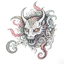 psychedelic tattoo with demonic creatures, blood eyes and dead animals tattoo design idea