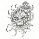 psychedelic tattoo with demonic creatures, blood eyes and dead animals tattoo design idea