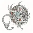 psychedelic tattoo with demonic creatures, blood eyes and dead animals tattoo design idea