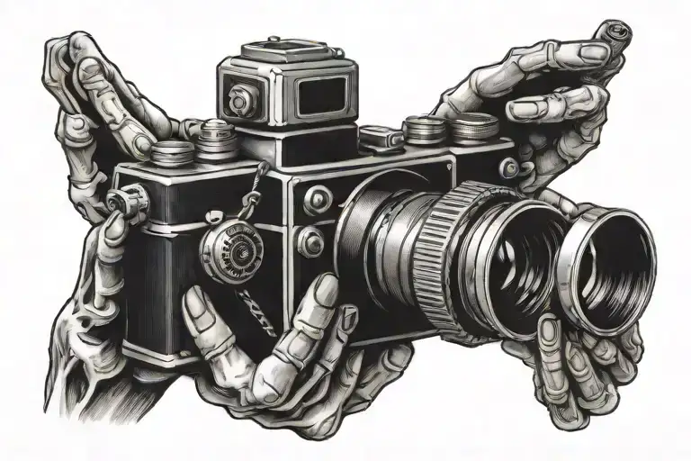 skeleton hands holding vintage camera tattoo design idea