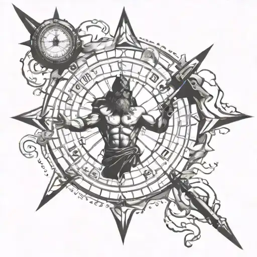 Atlas god carrying a compass pointing north arrow tattoo design idea