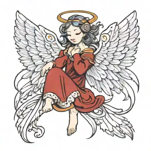 angel with 6 wings, 2 wings cover the feet, 2 wings cover the face,  2 wing use in flying tattoo design idea