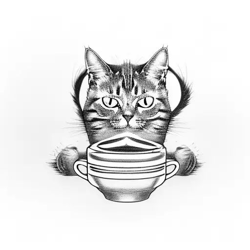 A cat wearing a hacker hoodie, sitting on a coffee cup and playing a guitar tattoo design idea