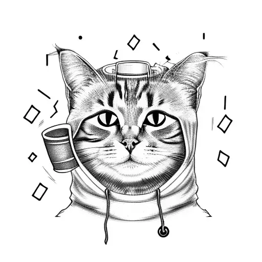 A cat wearing a hacker hoodie, sitting on a coffee cup and playing a guitar tattoo design idea