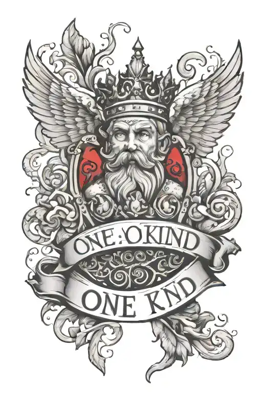 king baldwin at the top of my forearm with text 'One Of A Kind' in red, cherubs tattoo design idea