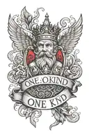 king baldwin at the top of my forearm with text 'One Of A Kind' in red, cherubs tattoo design idea