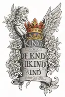 king baldwin at the top of my forearm with text 'One Of A Kind' in red, cherubs tattoo design idea