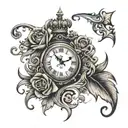 On your left forearm, "Tiara" will be written in elegant cursive script. A design incorporating a clock displaying 7:49  tattoo design idea