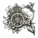 On your left forearm, "Tiara" will be written in elegant cursive script. A design incorporating a clock displaying 7:49  tattoo design idea