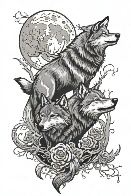 two wolves howling at the moon whimsical scene tattoo design idea