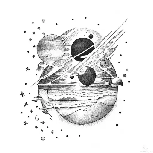 Sunset at the beach with planets in space tattoo design idea