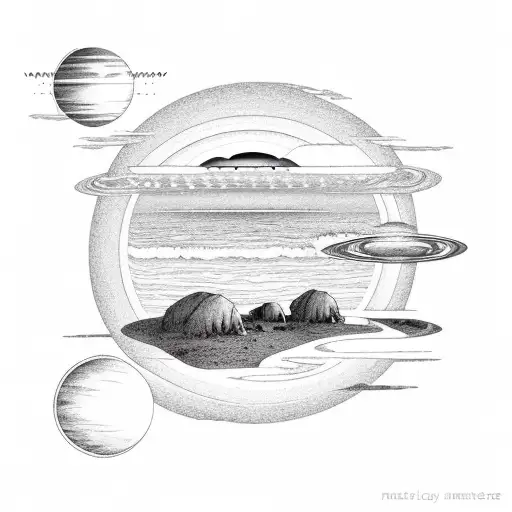 sunset at the beach with planets attached to the sun tattoo design idea