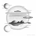 sunset at the beach with planets attached to the sun tattoo design idea