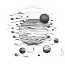 sunset at the beach with planets attached to the sun tattoo design idea