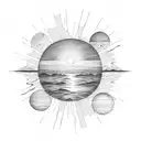 sunset at the beach with planets attached to the sun tattoo design idea