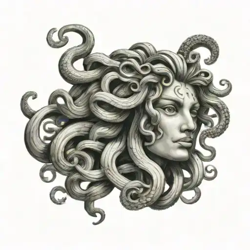  portrait of Medusa's head black and grey, with green eyes. also hints of dark green in scales tattoo design idea