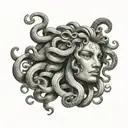  portrait of Medusa's head black and grey, with green eyes. also hints of dark green in scales tattoo design idea