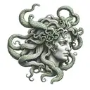  portrait of Medusa's head black and grey, with green eyes. also hints of dark green in scales tattoo design idea