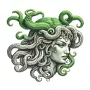  portrait of Medusa's head black and grey, with green eyes. also hints of dark green in scales tattoo design idea
