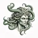  portrait of Medusa's head black and grey, with green eyes. also hints of dark green in scales tattoo design idea